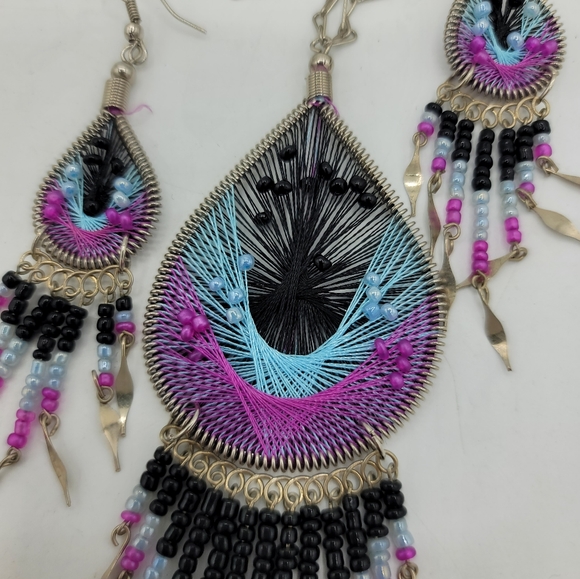 Boho Thread Art Necklace & Earrings Set Beaded Fringe Festival Jewelry Vintage - Picture 7 of 14